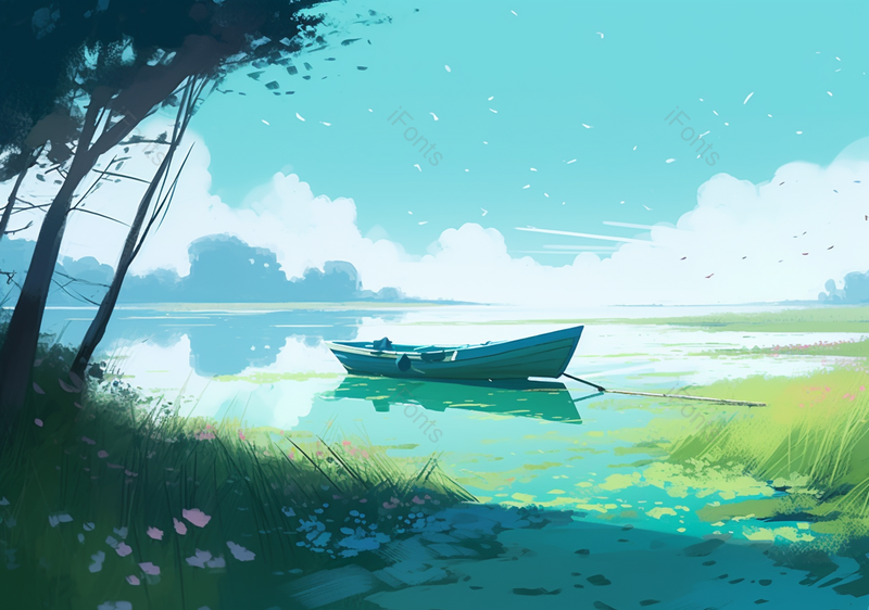 小船白天在湖边的水墨画背景,插画/手绘图,插画/手绘图库,插画/手绘图下载,插画/手绘